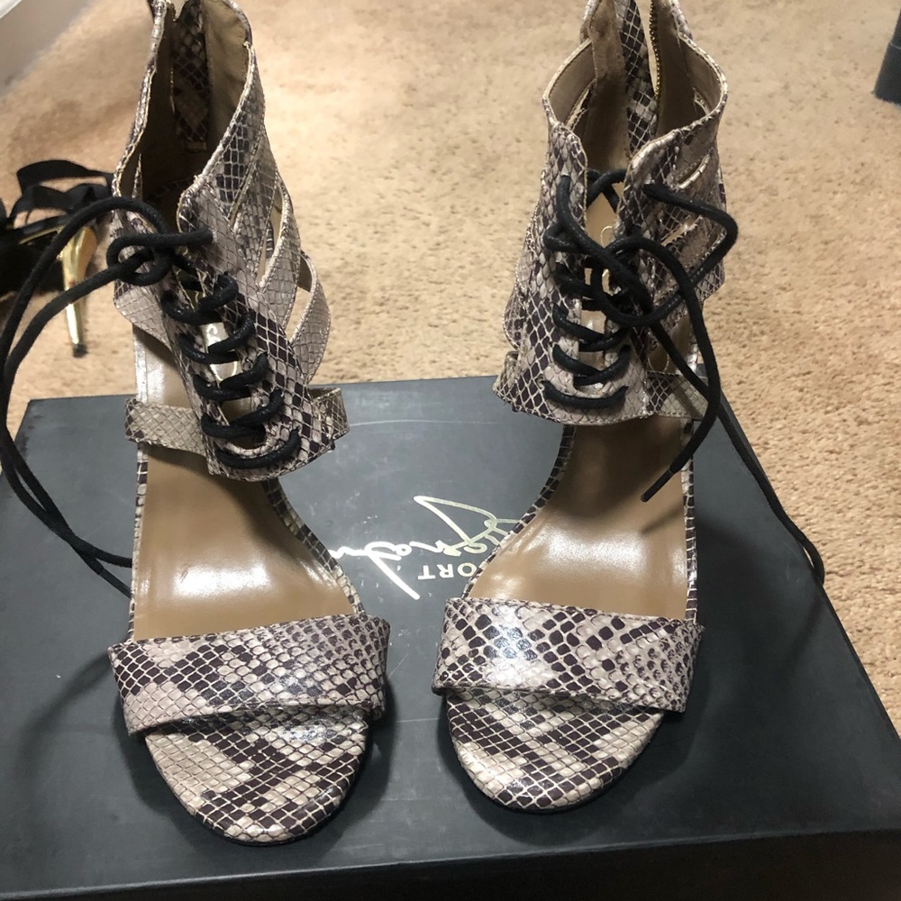 8.5 snake skin tie up back zipper ankle heel